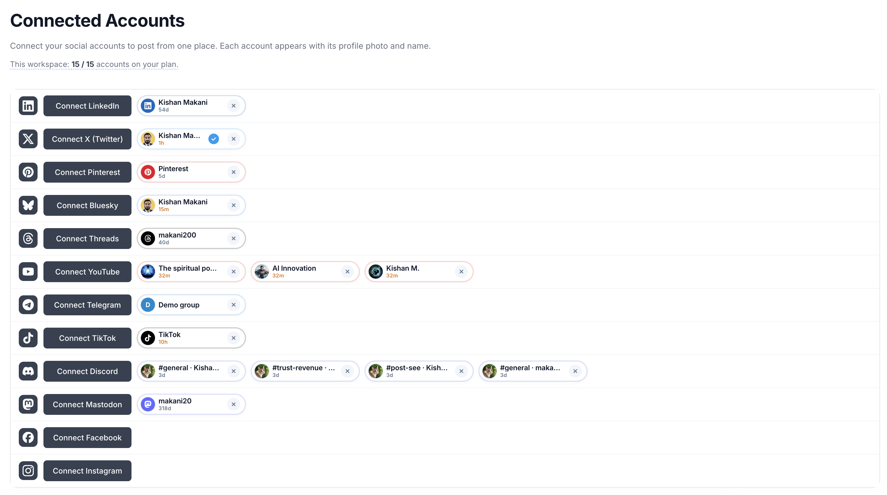 Post See dashboard showing Configuration sidebar with Connections selected and the Connected Accounts list