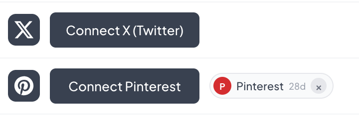 Connect buttons for X and Pinterest next to a connected Pinterest row showing profile badge and token time remaining